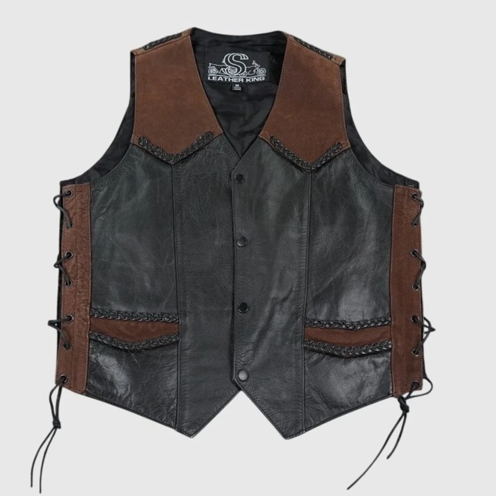 Leather King Motorcycle Vest Mens Medium Black Brown Suede Lace Up Biker Western